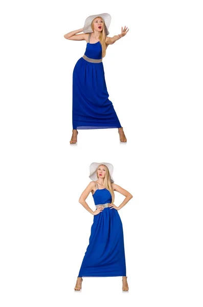 Schöne Frau im langen blauen Kleid isoliert auf weiß — Stockfoto