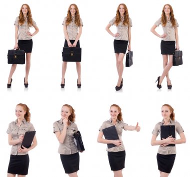 Genç ve güzel çalışan beyaz izole evrak çantası ile