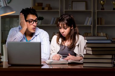 İki öğrenci geç saatlere kadar çalışıp sınavlara hazırlanıyor.