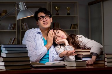 İki öğrenci geç saatlere kadar çalışıp sınavlara hazırlanıyor.