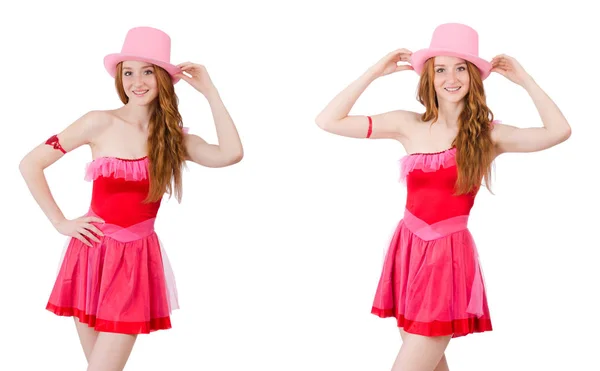 Hübsche junge Zauberin in rosa Minikleid isoliert auf weiß — Stockfoto