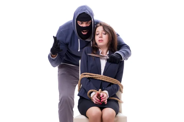 Knifeman threatening tied woman — Stock Photo, Image