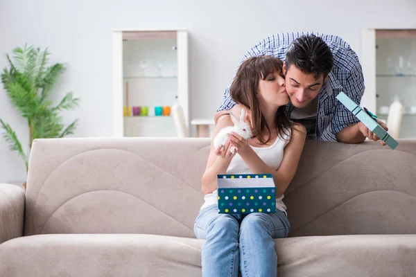 Jonge vrouw krijgt huisdier konijn als verjaardagscadeau — Stockfoto