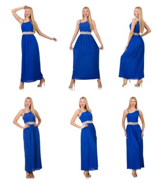 Uzun mavi elbiseli güzel kadın, beyaz tenli.