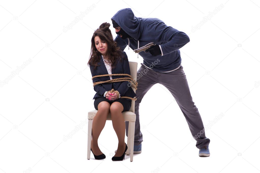 Kidnapper with tied woman isolated on white
