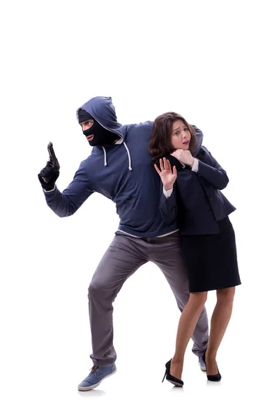 Businesswoman is kidnapped by the gunman — Stock Photo, Image