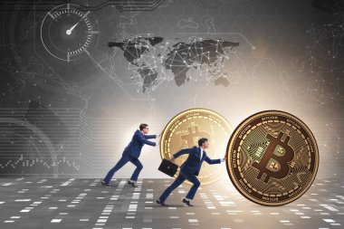 İşadamı, kripto para zinciri konseptinde bitcoin basıyor
