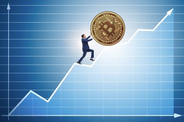 İşadamı, kripto para zinciri konseptinde bitcoin basıyor