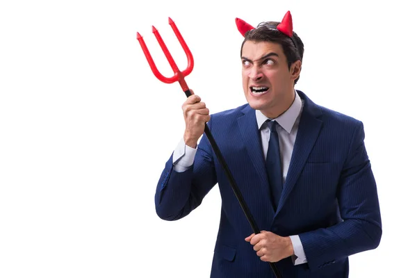 Evil devil businessman with pitchfork isolated on white backgrou — Stock Photo, Image