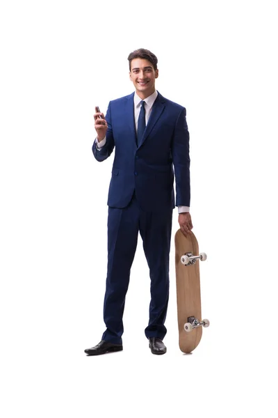 Podnikatel s skateboard izolované na bílém pozadí — Stock fotografie