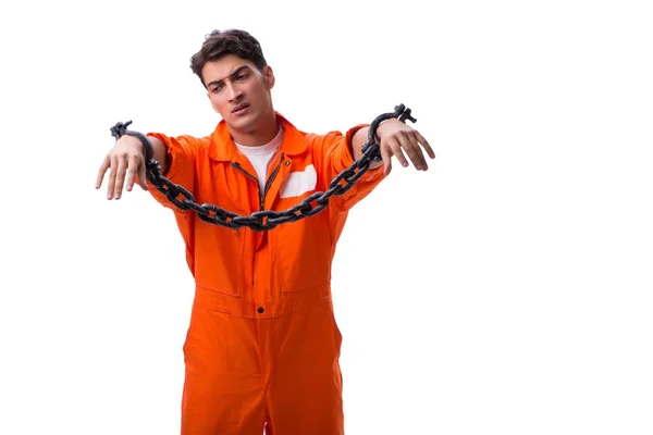 Prisioneiro com as mãos acorrentadas, isolado sobre fundo branco — Fotografia de Stock