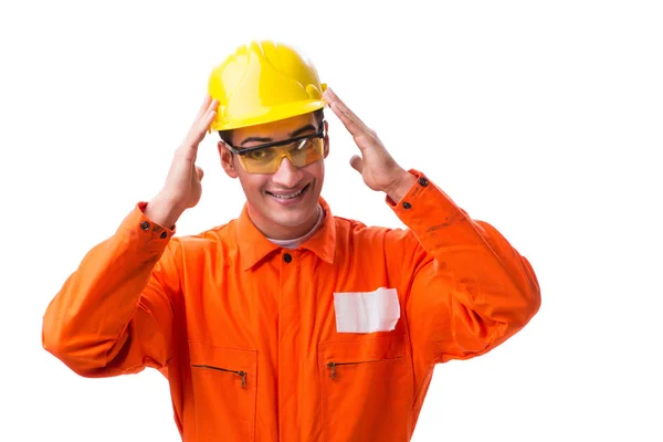 Stavební dělník nosí pevný klobouk izolovaný na bílém — Stock fotografie