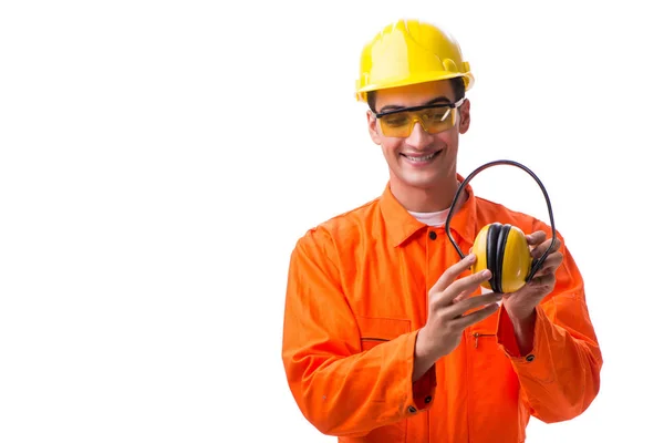 Construction worker with noise cancelling earphones — Stock Photo, Image