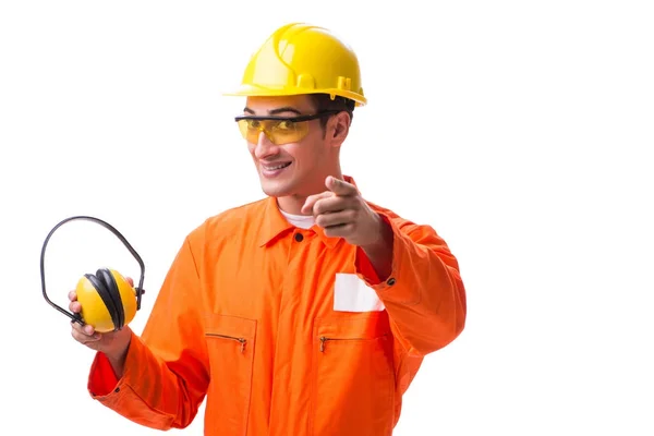 Construction worker with noise cancelling earphones — Stock Photo, Image