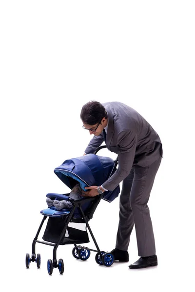 Ung pappa affärsman med baby barnvagn isolerad på vit — Stockfoto
