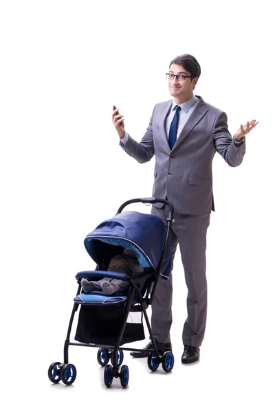 Joven padre hombre de negocios con bebé cochecito aislado en blanco — Foto de Stock