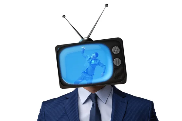 Ο άνθρωπος με το κεφάλι τηλεόραση στην τηλεόραση έννοια του εθισμού — Φωτογραφία Αρχείου