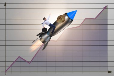 Bitcoin fiyatında roketle uçan işadamı yükselen konsept