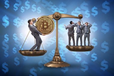 İşadamı ölçeklerde bitcoins ve diğer işadamları ile