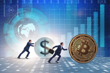 İşadamı, kripto para zinciri konseptinde bitcoin basıyor