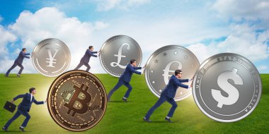 İşadamı bitcoin cryptocurrency kavramında iterek