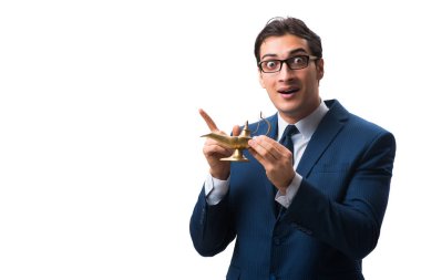 Sihirli lambası olan iş adamı beyazda izole edilmiş.