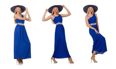 Uzun mavi elbiseli güzel kadın, beyaz tenli.