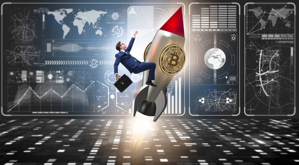 Businessman flying on rocket in bitcoin price rising concept — Stock Photo, Image