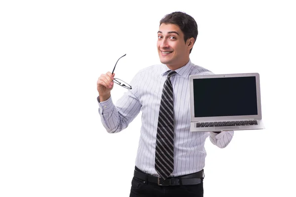 Νεαρός επιχειρηματίας με φορητό υπολογιστή απομονωμένο σε λευκό φόντο — Φωτογραφία Αρχείου