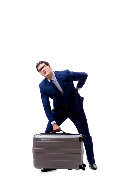 Joven empresario con maleta aislada sobre fondo blanco — Foto de Stock