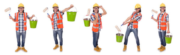 Смешной художник с покрасочными аксессуарами, изолированными на белом
