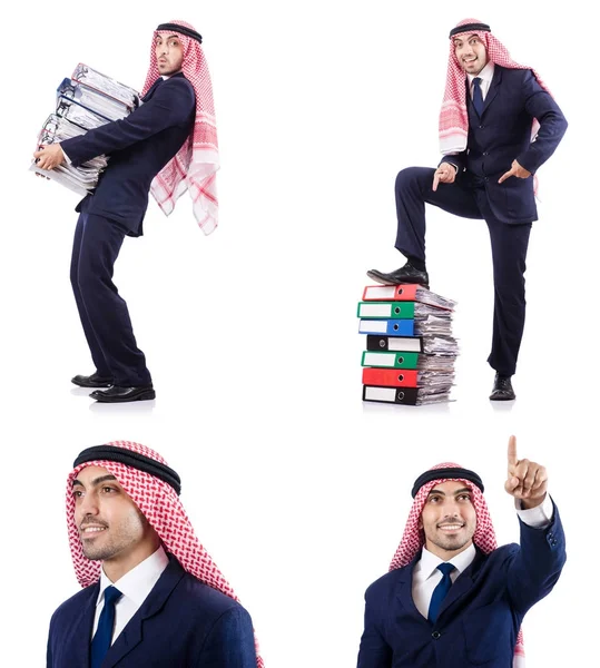 Arabiska affärsman med många mappar på vit — Stockfoto