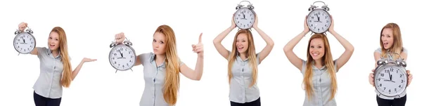 Jeune femme avec horloge sur blanc — Photo