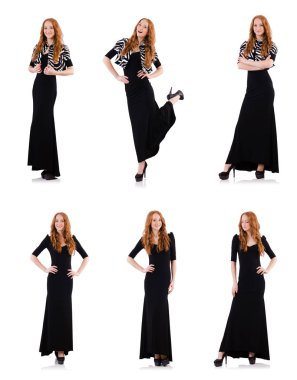 siyah elbise üzerine beyaz izole redhead