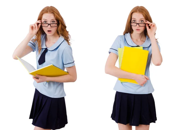 Joven estudiante con cuadernos aislados en blanco — Foto de Stock