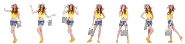 Jovem com panamá e bolsa em conceitos de moda isolados — Fotografia de Stock