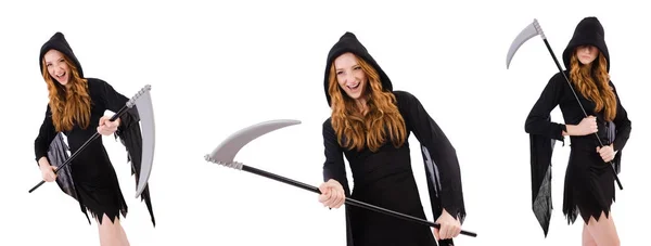 年轻的女巫带着镰刀被白色隔离 — 图库照片