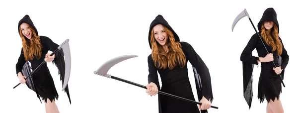 Young witch with scythe isolated on white — Stock Photo, Image