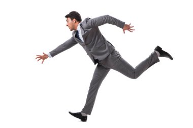 Genç işadamı ileri izole üzerinde beyaz çalıştıran