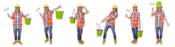 Divertido pintor con accesorios de pintura aislados en blanco —  Fotos de Stock