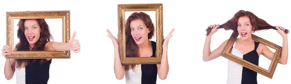 Woman with picture frame on white — Stock Photo, Image