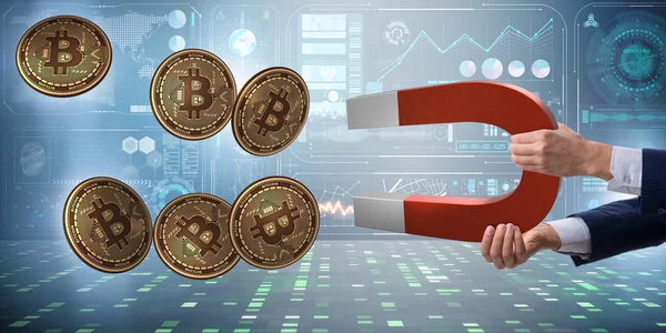Geschäftsmann baut Bitcoins mit Hufeisenmagneten ab — Stockfoto