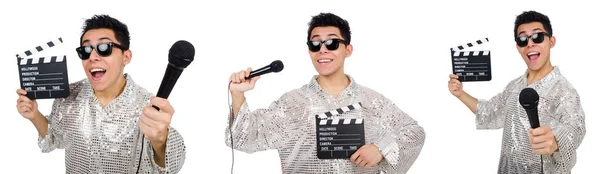 Joven con micrófono y clapperboard aislado en blanco —  Fotos de Stock