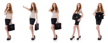 Genç ve güzel çalışan beyaz izole evrak çantası ile