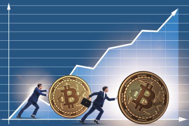 İşadamı, kripto para zinciri konseptinde bitcoin basıyor