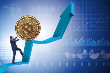İşadamı, kripto para zinciri konseptinde bitcoin basıyor