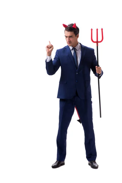 Evil devil businessman with pitchfork isolated on white backgrou — Stock Photo, Image