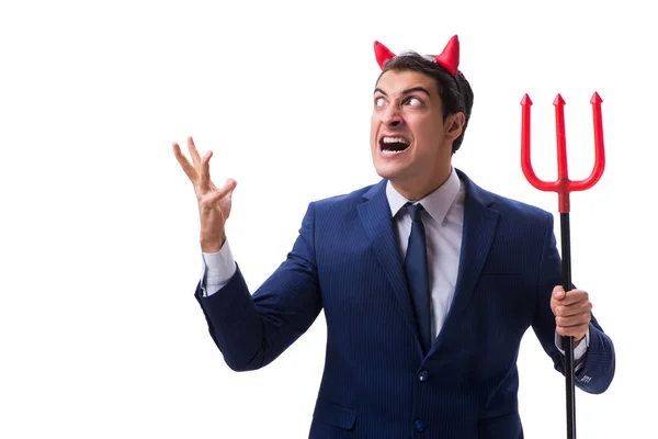 Evil devil businessman with pitchfork isolated on white backgrou — Stock Photo, Image