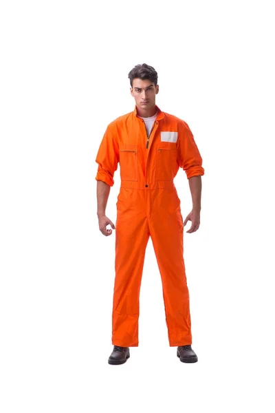 흰 바탕에 따로 떨어져 있는 주황색 겉옷을 입고 있는 수감자들 — 스톡 사진
