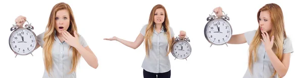 Jeune femme avec horloge sur blanc — Photo